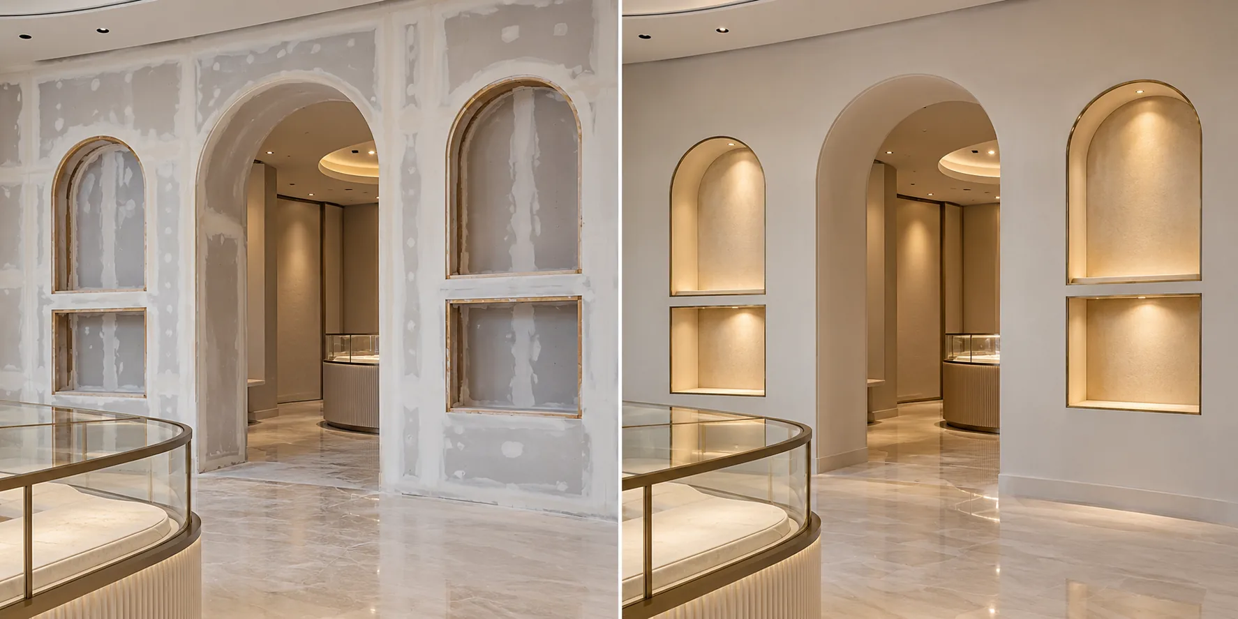 Illustration of an unfinished boutique wall with drywall joints and display niches