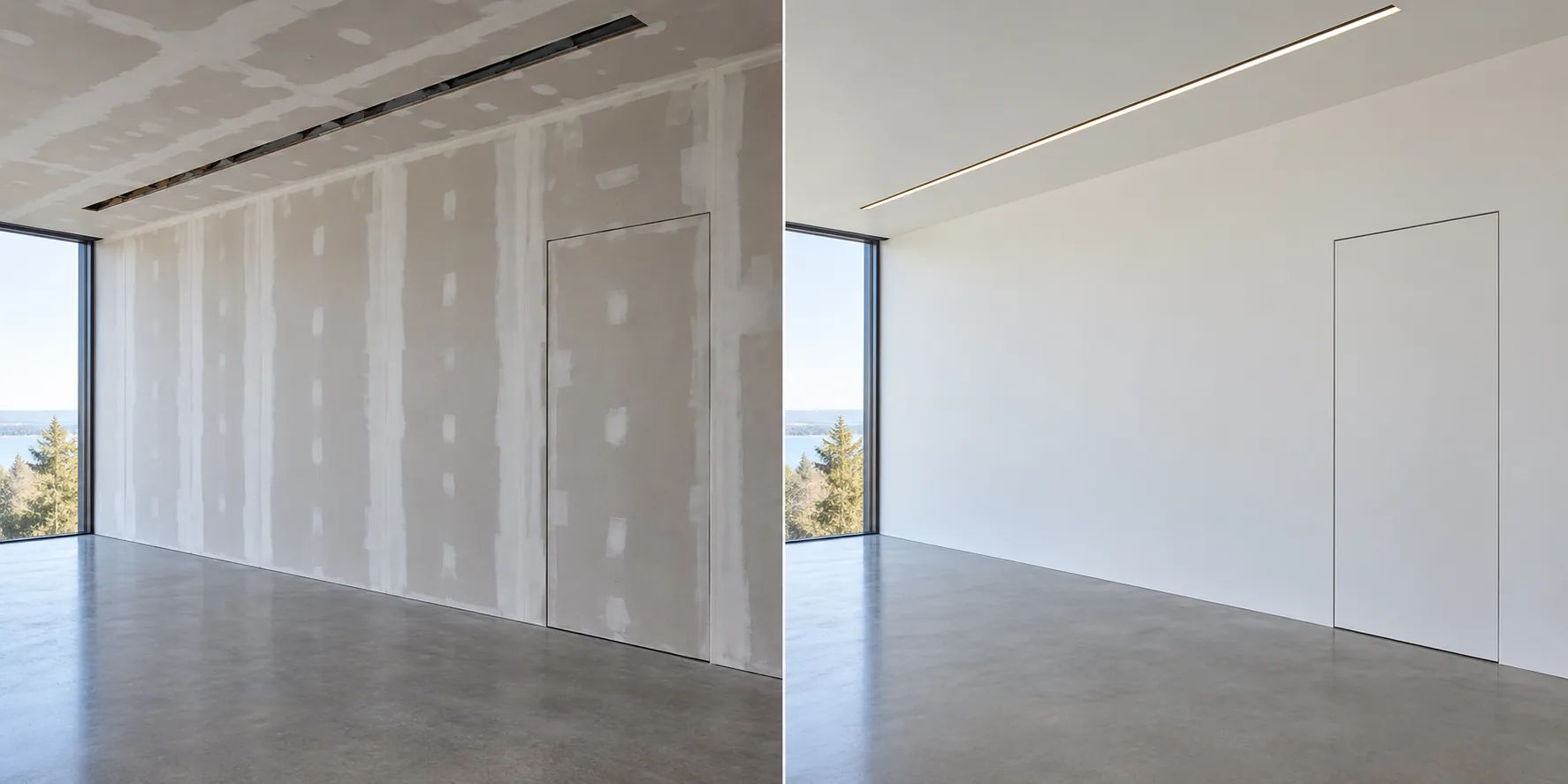 Illustration of an unfinished gallery wall with visible drywall seams and a concealed door